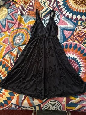 Black V-Neck Embroidered Midi Dress